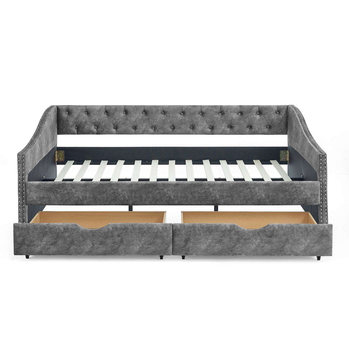 Upholstered Tufted Daybed With Drawers, Waved Arms