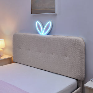 Queen Size Kids Upholstered Bed with Oversized Rabbit Ear Headboard, LED Light & 4 Storage Drawers, Boucle Fabric (84.5''X62.75''X41'')