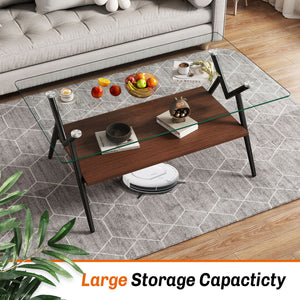 Rectangle Coffee Table With Tempered Glass Top And Shelf