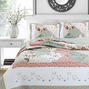 Grace Celadon Real Patchwork Embroidered Scalloped Edge Cotton Reversible Quilt Bedding Set