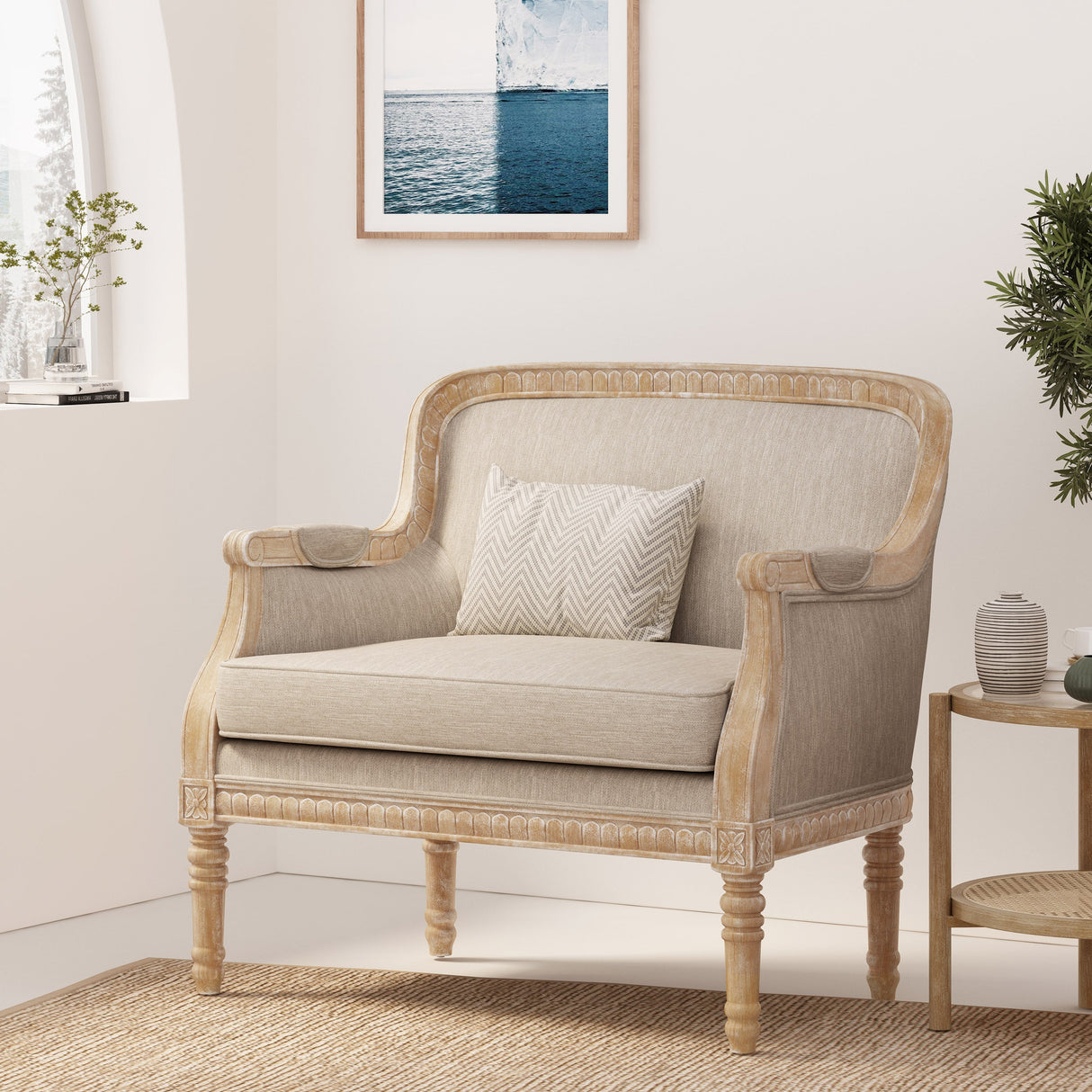 Becoming Upholstered Club Chair with Turned Leg and Carved Design