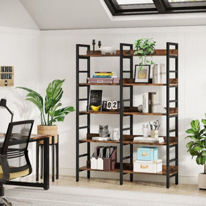 5 Tier Double Wide Bookshelf For Living Room - Rustic Brown