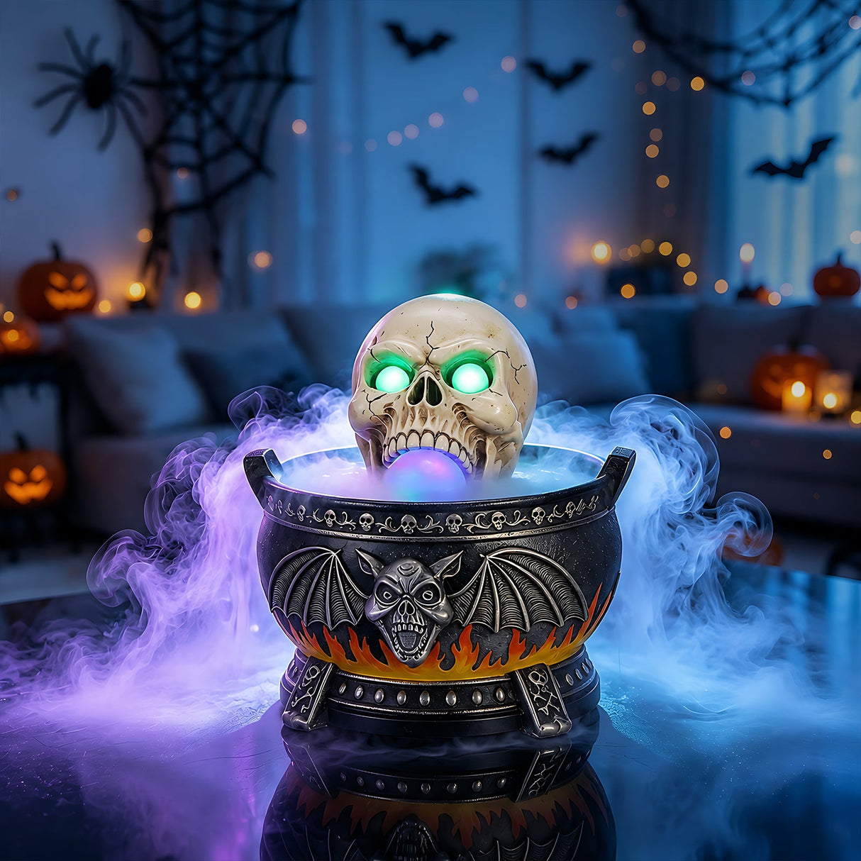 Halloween Skull Cauldron Statue with LED Light and Smoke Fog Effect