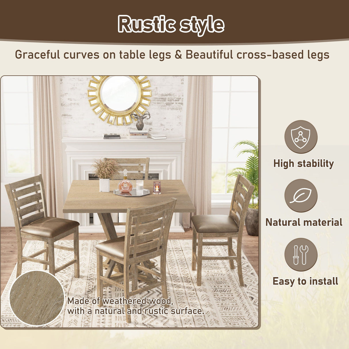 Dining Counter Height Chairs Modern Farmhouse Rustic Look Distressed Design Ladderback Solid Wood (Set of 2) - Grayish Brown