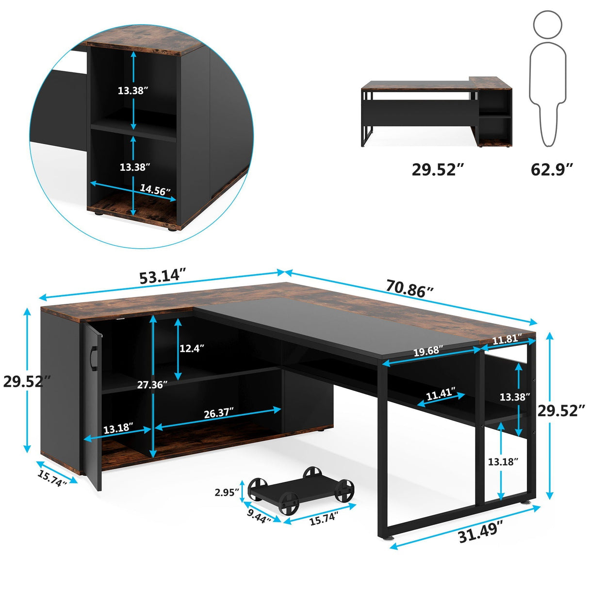 L-Shaped Executive Desk With Storage Cabinet & Shelves, Home Office Workstation With Cpu Stand And Printer Station - Brown / Black