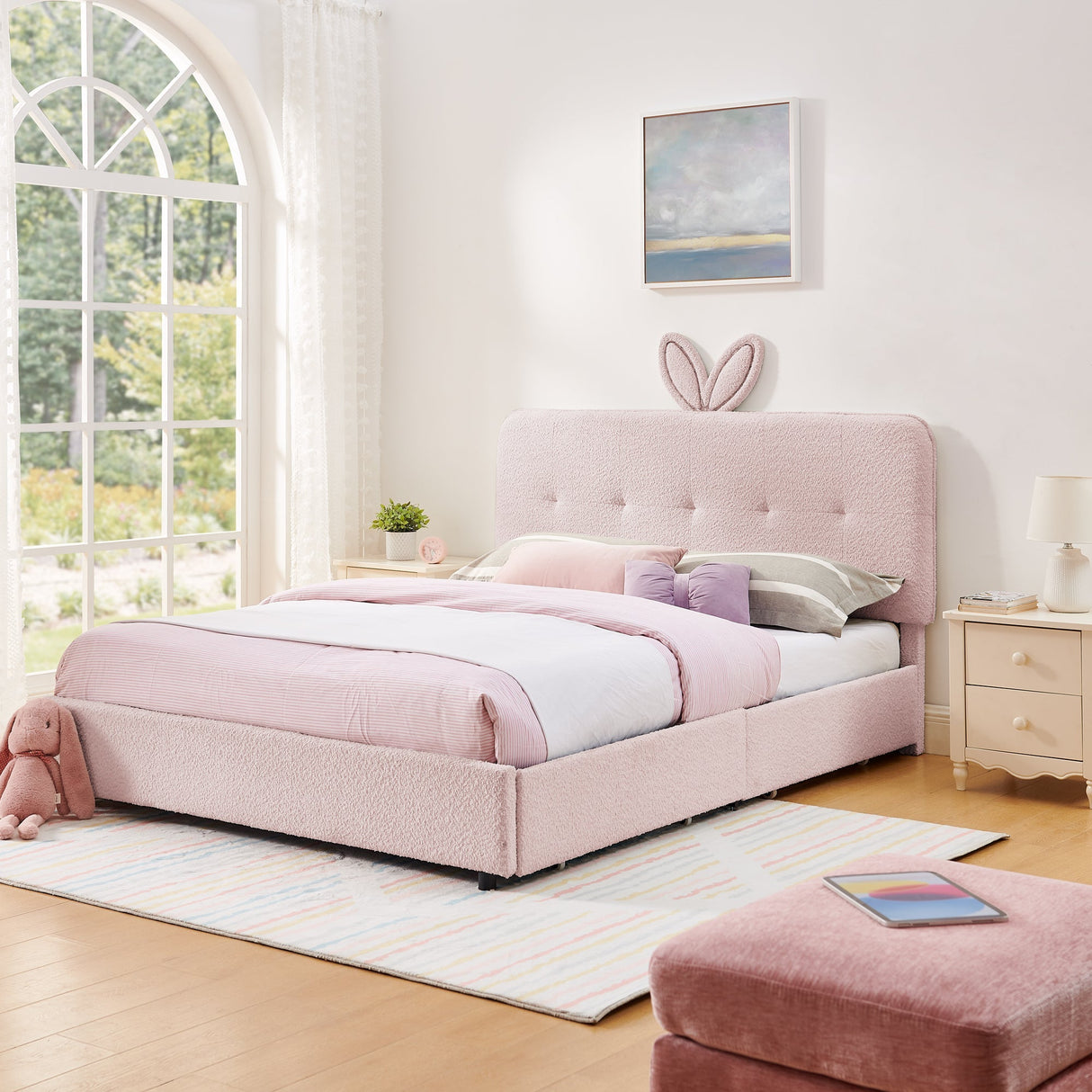 Queen Size Kids Upholstered Bed with Oversized Rabbit Ear Headboard, LED Light & 4 Storage Drawers, Boucle Fabric (84.5''X62.75''X41'')