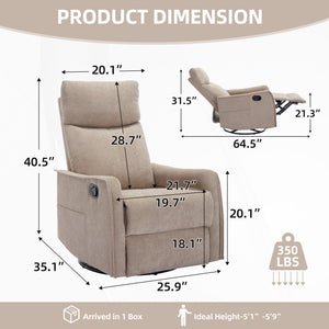 Heat Massage Manual Recliner Chair with Rocker and Swivel in Khaki