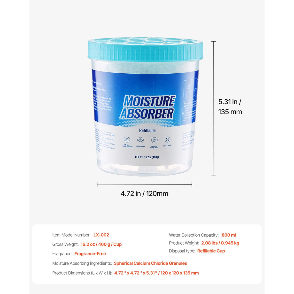Moisture Absorber Bucket, 2 Packs 16.2 oz Hi-Capacity with 800ml Storage