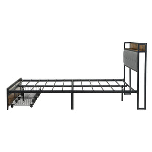 Modern Bed Frame With LED Lights, Upholstered Headboard, USB Charging