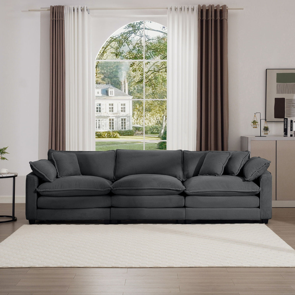Mid-Century Modern 3 Seater Sectional Sofa with Arm and Throw Pillows - Fabric