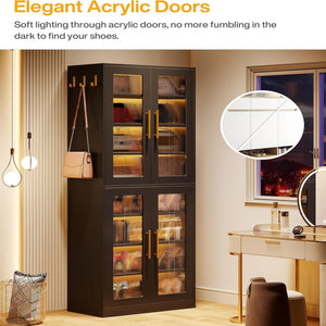 Bookcase With Doors And LED Lighting, 8 Adjustable Shelves Storage Cabinet