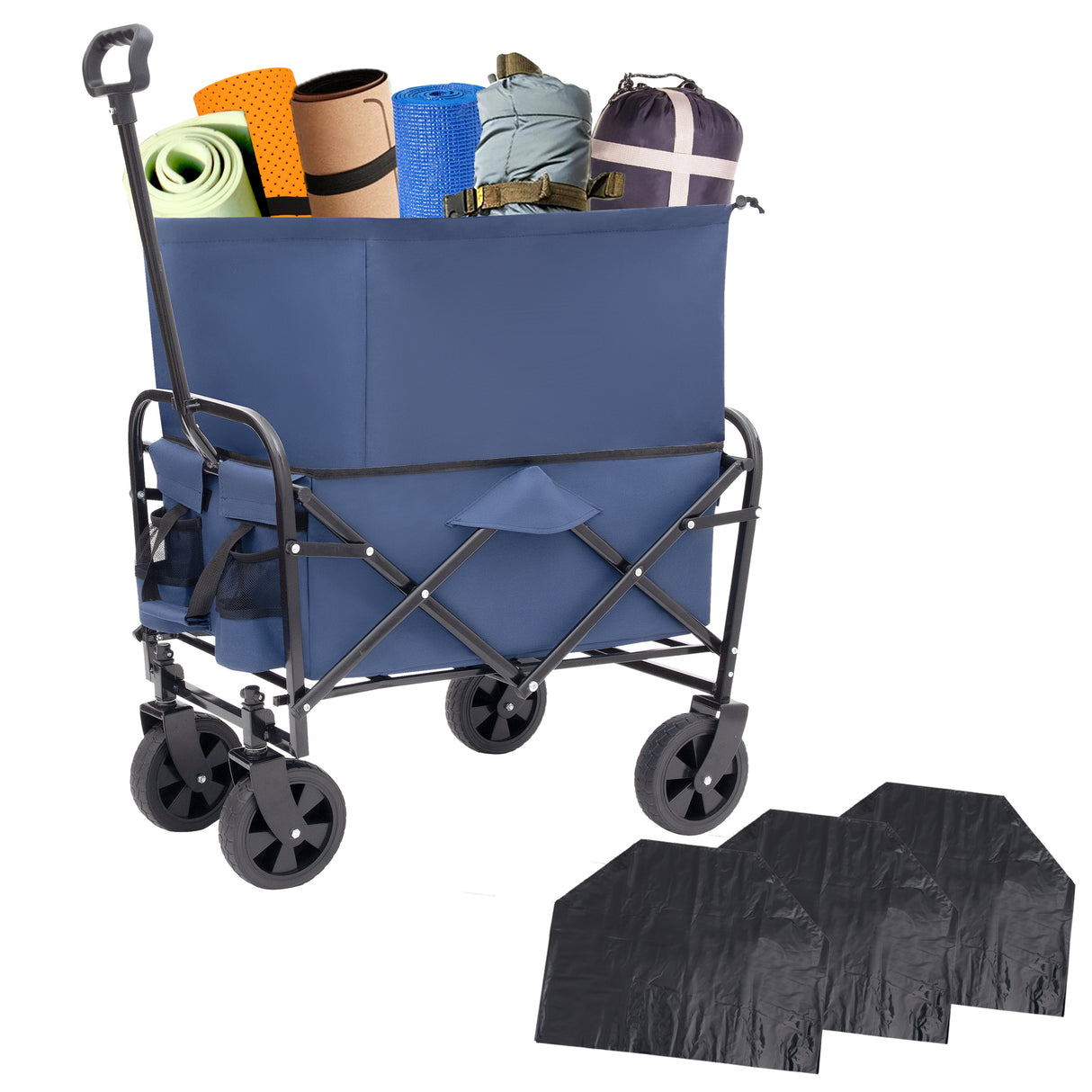 Minimeetall multi-use bag,collapsible foldable wagon cart beach wagon heavy duty utility cart utility wagon grocery cart for for camping 3pcs plastic liner bag /cover ,  dark blue