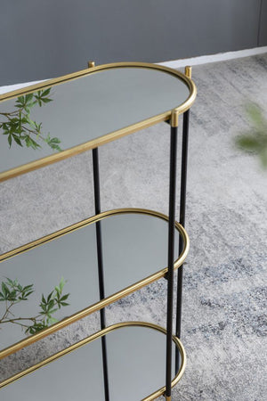 3 Tier Metal Console Table, Mirrored Shelf - Golden Black