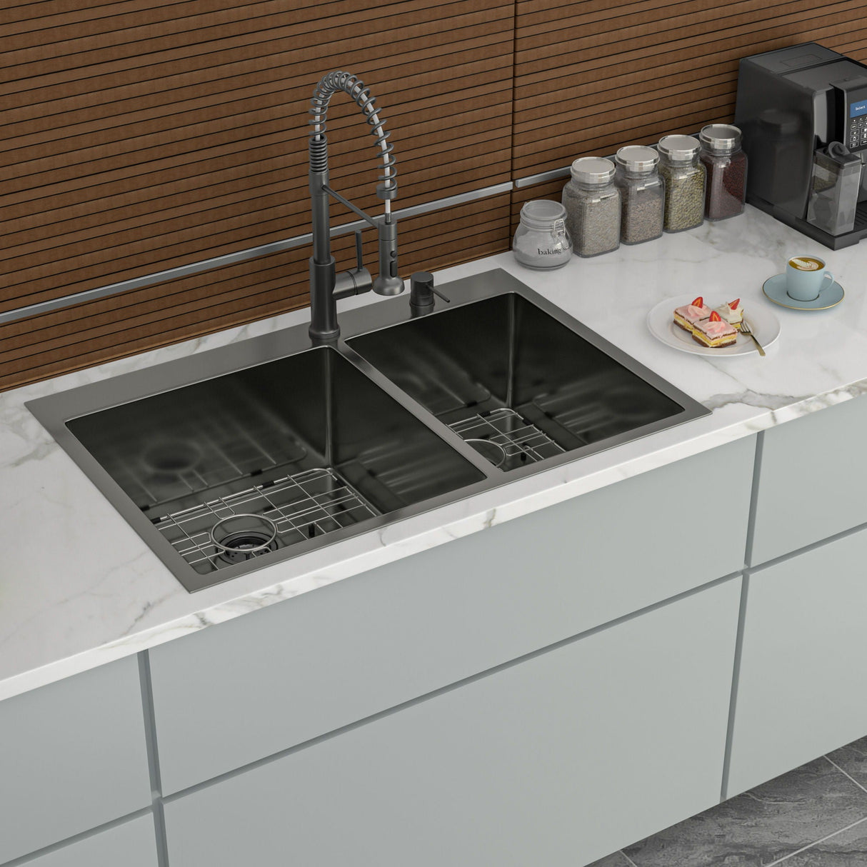 Double Bowl Drop-In Sink With 2 - 9" Deep Basins - Gunmetal Black