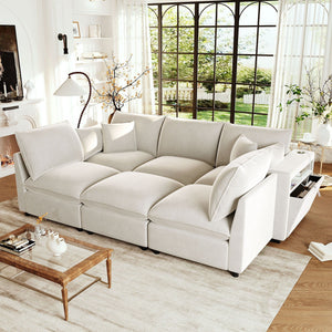 Modern U-Shaped Sectional Sofa with Storage Ottoman & USB Ports - Multiple Colors