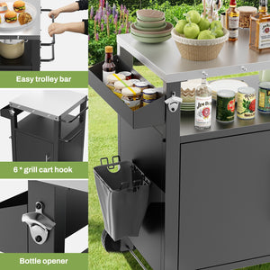 Outdoor Grill Cart With Storage, Rolling Bar Cart With Hooks And Spice Rack Stainless Steel
