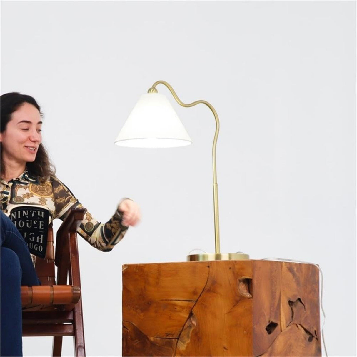 Ornate - Ring Base Curved Table Lamp With Triangle Drum Shade - Gold / White