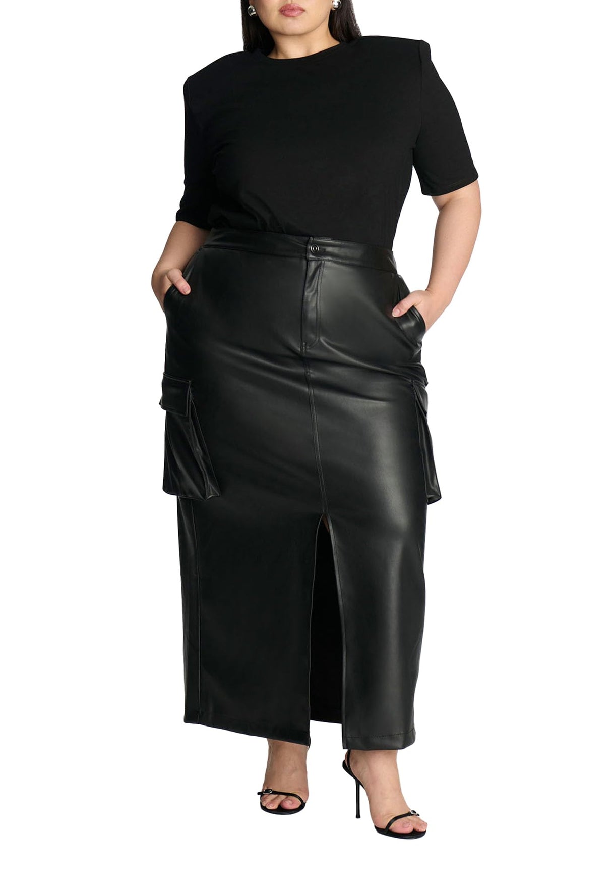 ELOQUII Women's Plus Size Maxi Cargo Faux Leather Skirt - 16, Black Onyx
