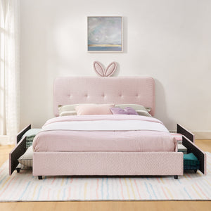 Queen Size Kids Upholstered Bed with Oversized Rabbit Ear Headboard, LED Light & 4 Storage Drawers, Boucle Fabric (84.5''X62.75''X41'')
