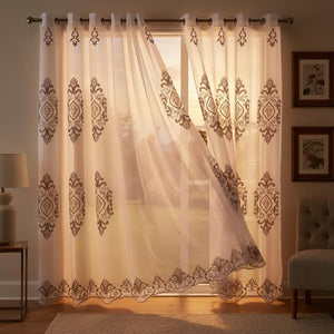 Embroidered Medallion Curtain Set – 2 Panel Window Drapes with Attached Backing & Matching Valance
