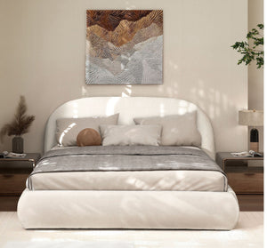 Archie Puffy Grounded Upholstered Platform Bed with Rounded Headboard - Green, White, Beige