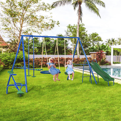 Swing-set-for-backyard,-5-in-1-heavy-duty-a-frame-stand-outdoor-playset-for-kids,-with-saucer-swing,-slide,-seesaw,-glider,-swing-seat-Swing-Sets-&-Playsets