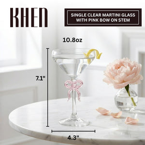 Single Clear Martini Glass with Pink Bow on Stem, One Piece