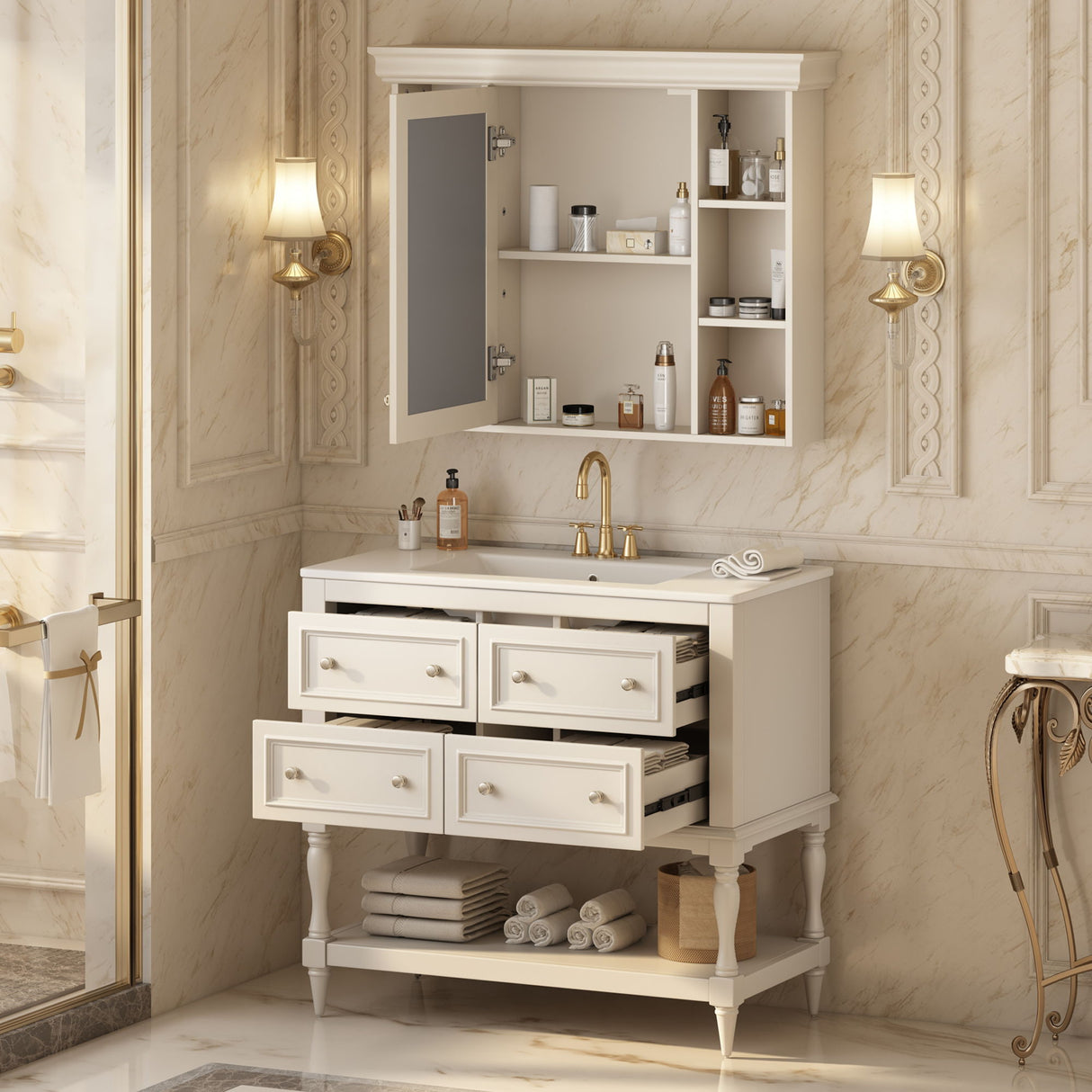 Bathroom Vanity with Medicine Cabinet, Storage Cabinet with 4 Drawers, Adjustable Shelf Mirror