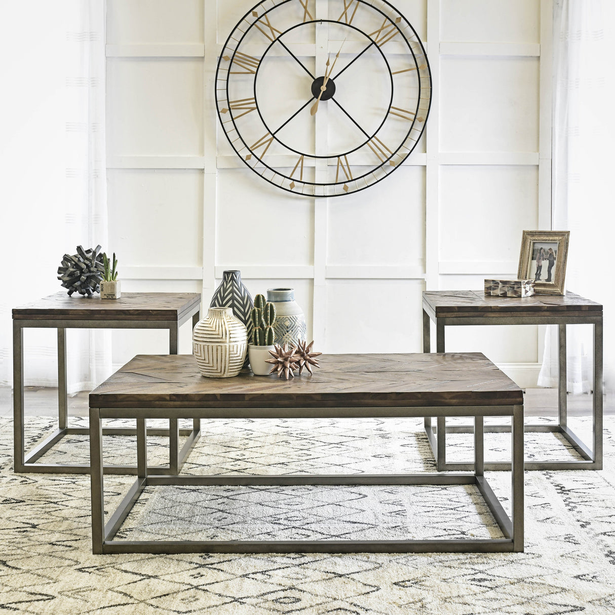Lorenzo Chevron Acacia Wood & Metal Table Collection