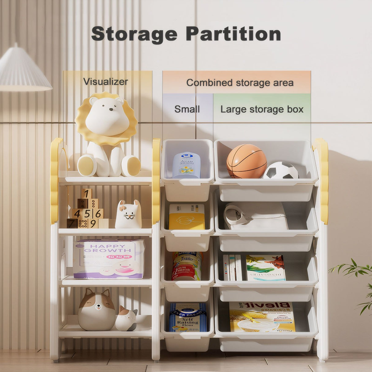 Kids Bookshelf And Toy Storage, 4 Tier Toy Organizers With 8 Removable Storage Bins, Kids Toy Storage Organizer For Study Room - Gray / White / Yellow