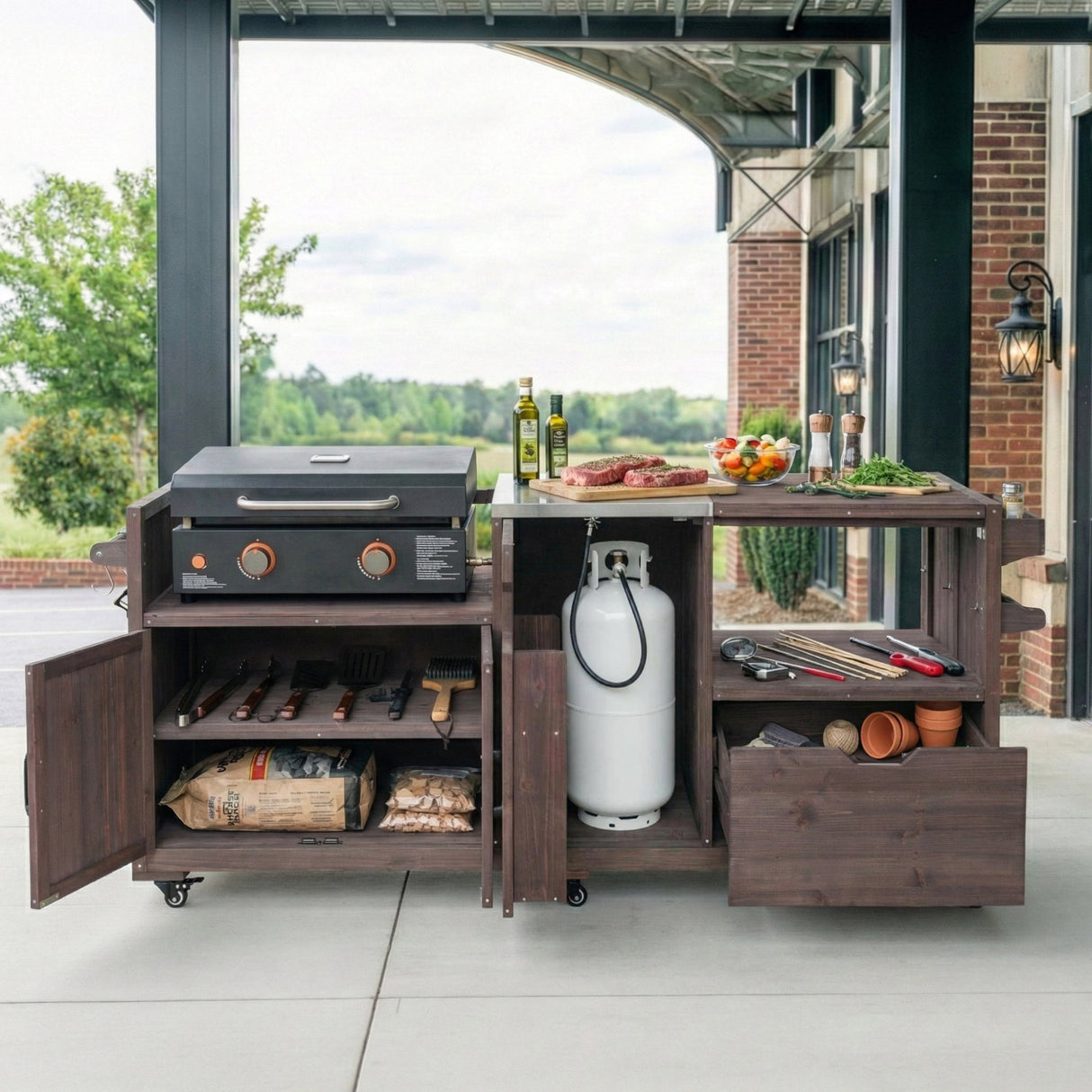 K&K 80.5' Outdoor Kitchen Island for Big Green Egg & Blackstone Griddle