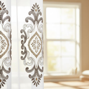 Embroidered Medallion Curtain Set – 2 Panel Window Drapes with Attached Backing & Matching Valance