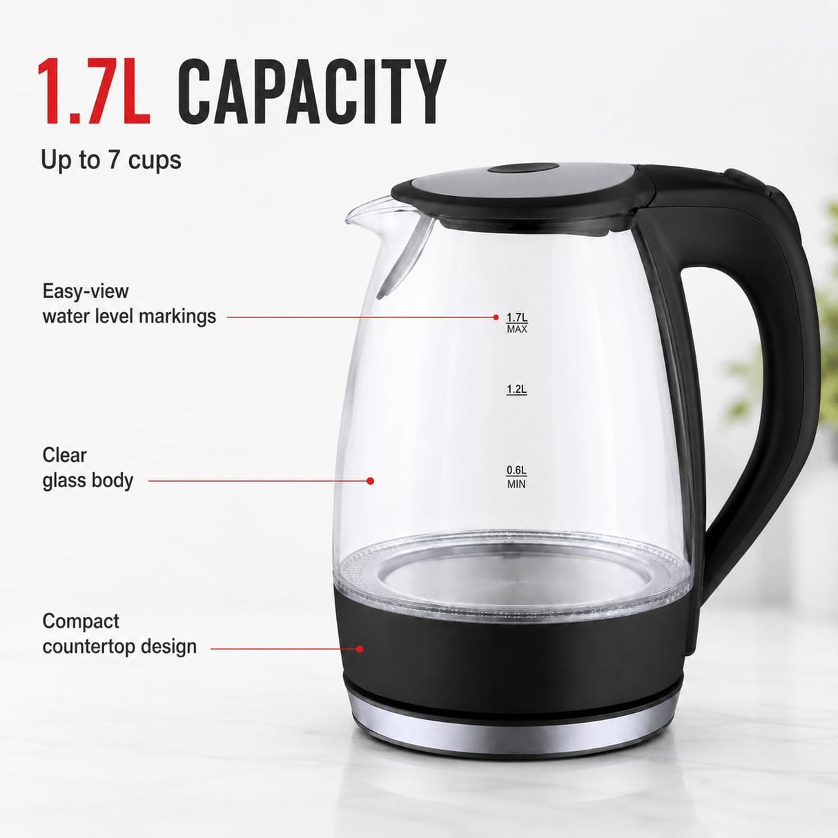 1.7L Glass Electric Kettle with Removable Lid & Boil-Dry Protection