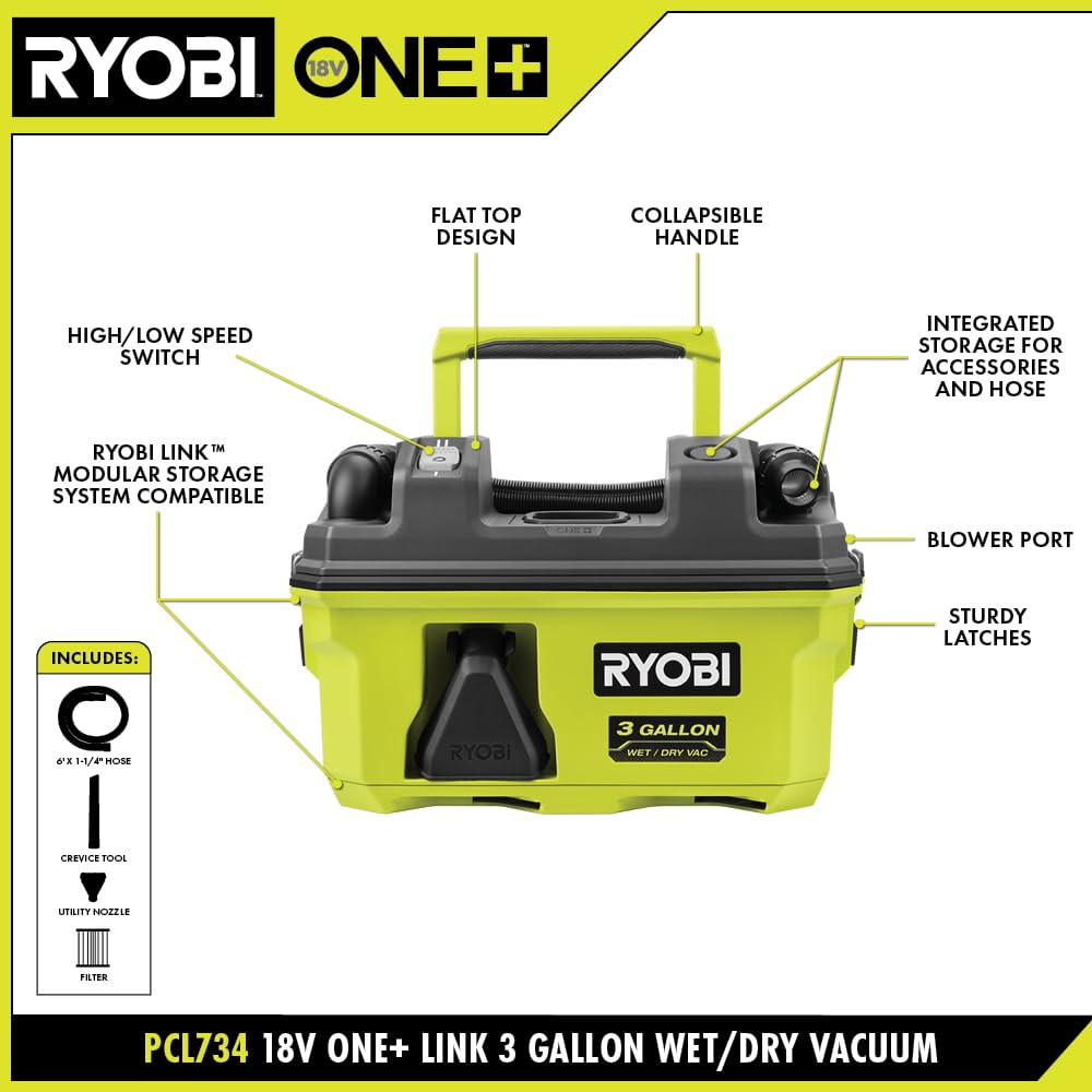 Open Box - RYOBI ONE+ 18V LINK Cordless 3 Gal. Wet/Dry Vacuum (Tool Only), Greens