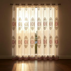 Embroidered Medallion Curtain Set – 2 Panel Window Drapes with Attached Backing & Matching Valance