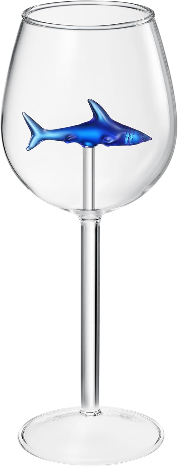 Shark-Inspired Wine Glasses Set of 2 – 13oz Stemmed Red & White Wine Glass with 3D Shark Inside – Unique Glassware Gift for Men, Dad, or Host