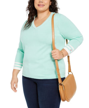 Tommy Hilfiger Plus Size Cotton V-Neck Pullover Sweater Green - 0X