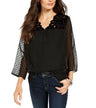 Style & Co Women's Mixed-Media Sheer-Sleeve Blouse Black