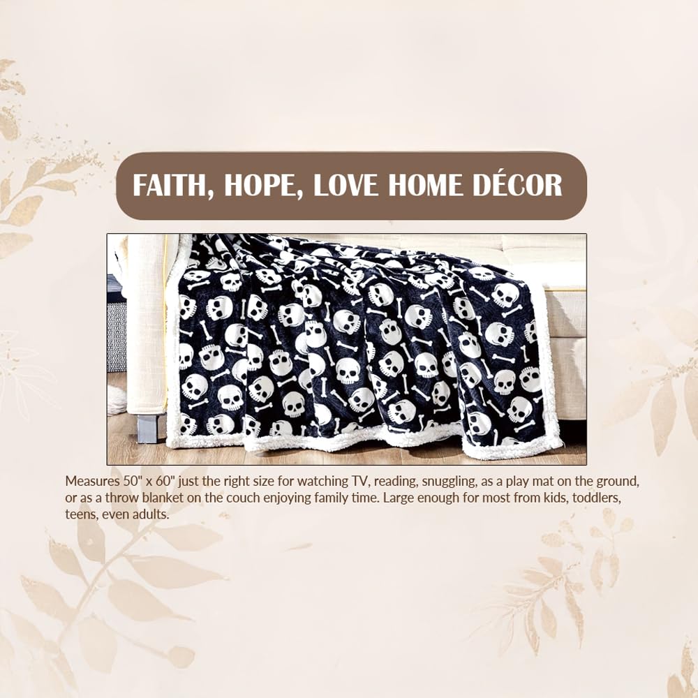 Skull & Bones Black Sherpa Throw Blanket Soft & Cozy Fleece, Gothic Skeleton Design, 50" x 60