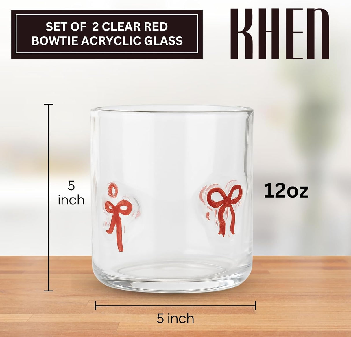 Khen Red Bowtie Tumbler Set Unique Lightweight Acrylic Clear Drinkware Vintage Aesthetic Barware Cup - Set of 2 Clear