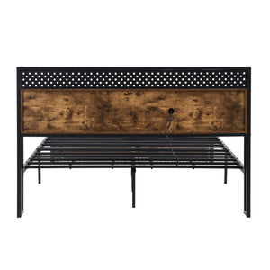 Modern Metal Platform Bed Frame With Wooden Headboard, USB Charging Station, Storage Drawers