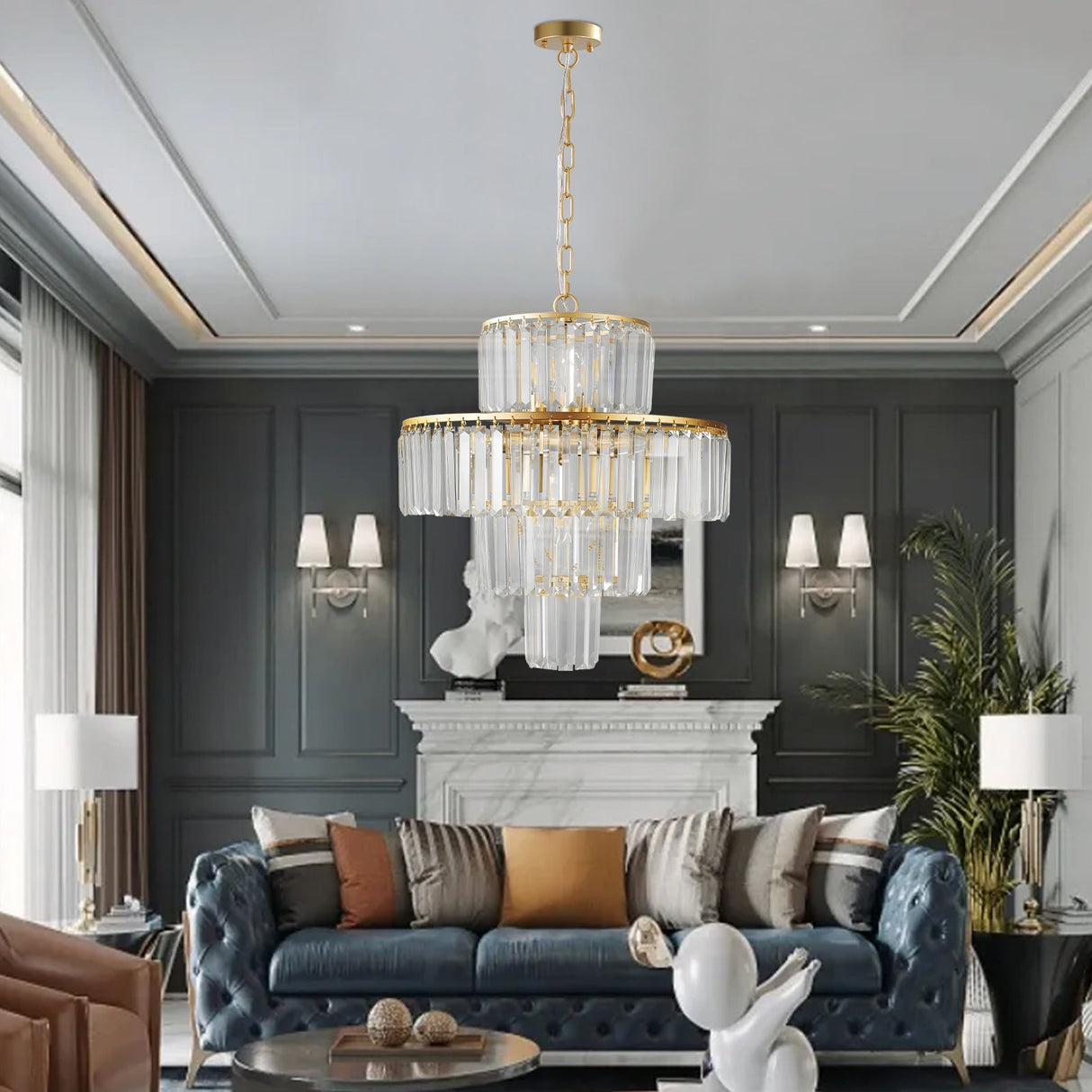 20' Modern Crystal Chandelier with Gold Finish, 4-Tier Design for Dining Room or Living Room, Elegant Crystal Pendant Light Fixture (Bulb Not Included)