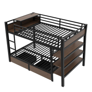 Full Size Metal Bunk Bed with Storage Shelves and USB Power Strip