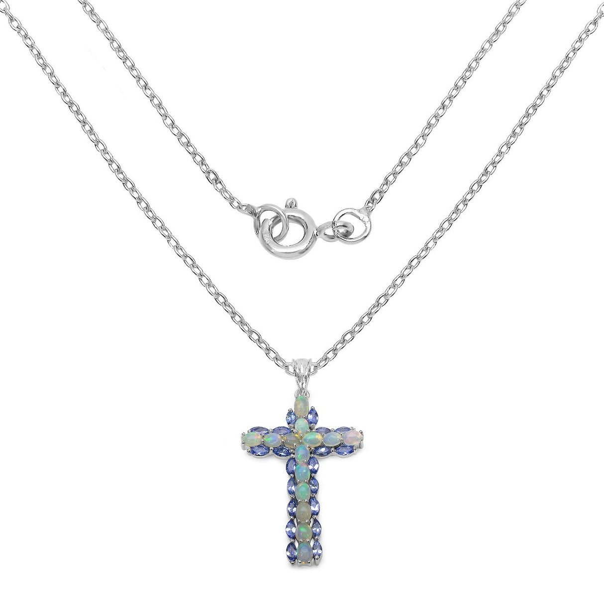 3.32 Carat Genuine Ethiopian Opal and Tanzanite .925 Sterling Silver Pendant