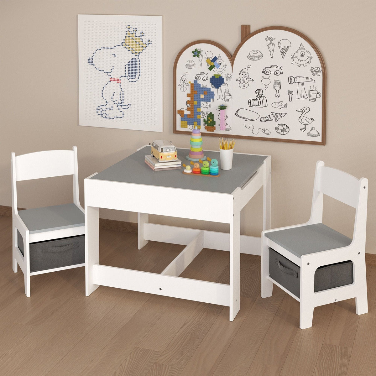 Kids 3-in-1 Activity Table and Chair Set with Storage Drawer - Dark Gray & White