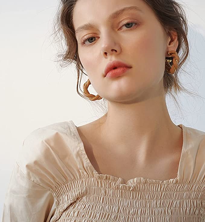 Gold-Plated Twisted Leather Hoop Earrings with Gift Pouch