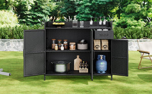 K&K 47.5"W Wicker Outdoor Storage Cabinet with Tempered Glass Desktop