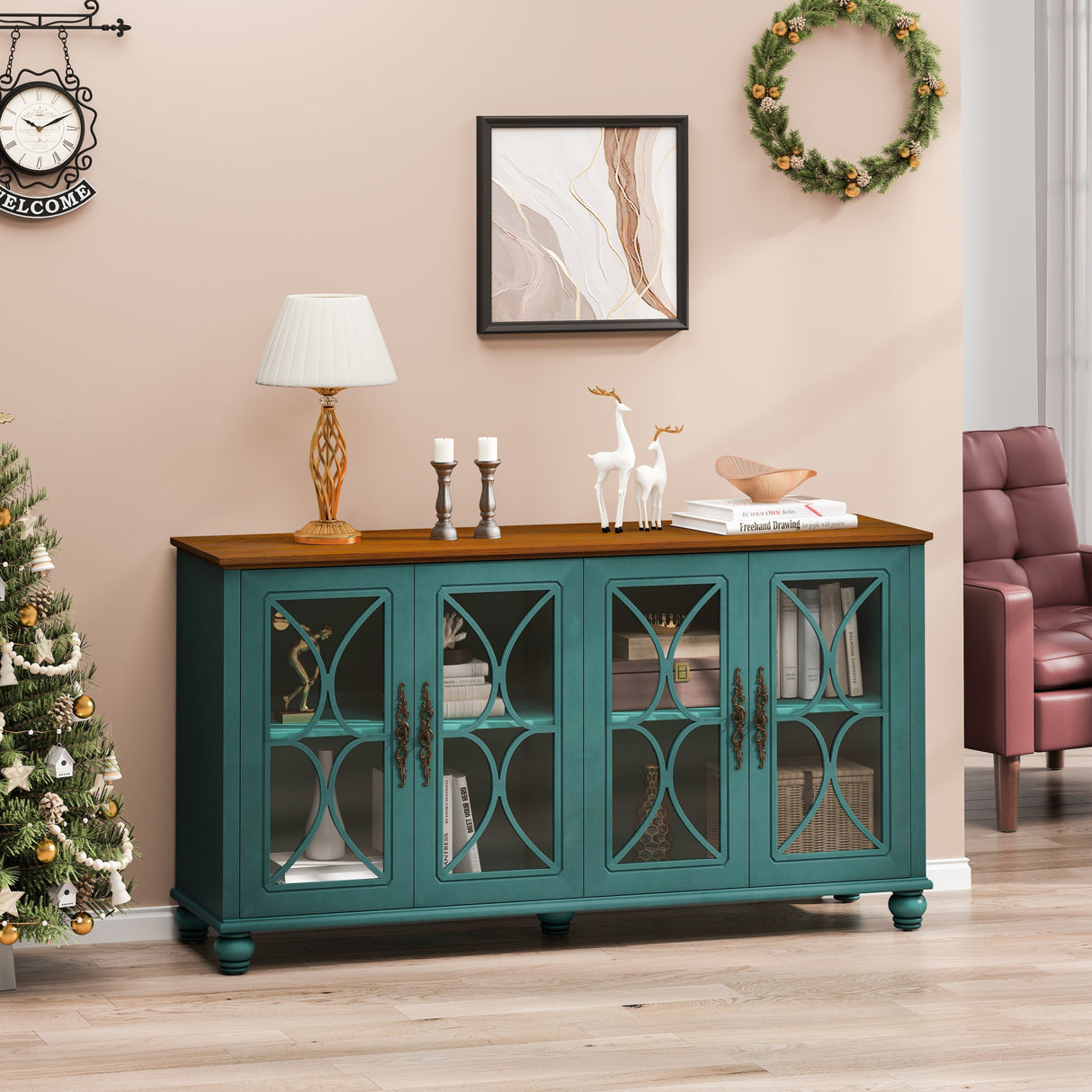 Elegant European Antique Style 4-Door Cabinet with Tempered Glass Doors, Dark Green MDF with Wood Veneer and Solid Wood Legs, 59.45L x 15.75W x 31.89H inches