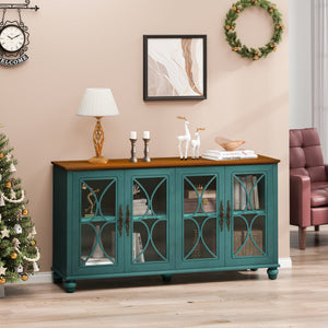 Elegant European Antique Style 4-Door Cabinet with Tempered Glass Doors, Dark Green MDF with Wood Veneer and Solid Wood Legs, 59.45L x 15.75W x 31.89H inches