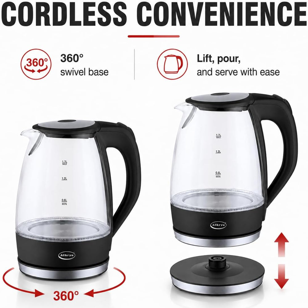 1.7L Glass Electric Kettle with Removable Lid & Boil-Dry Protection